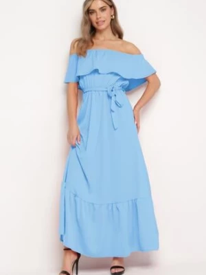 Niebieska Sukienka o Rozkloszowanym Fasonie z Hiszpańskim Dekoltem i Materiałowym Paskiem Nacara