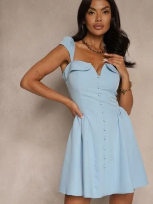 Niebieska Sukienka o Rozkloszowanym Kroju na Ramiączkach z Ozdobnym Dekoltem Salaviel allyson