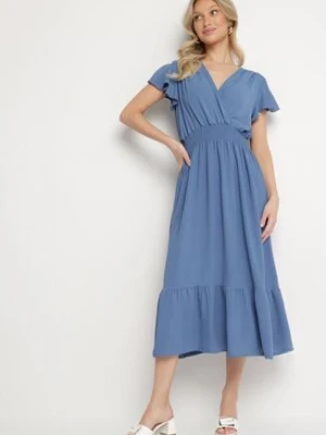 Niebieska Sukienka o Rozkloszowanym Kroju z Kopertowym Dekoltem i Gumką w Talii Reiliana j&x