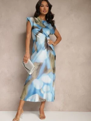 Niebieska Sukienka o Rozkloszowanym Kroju z Marszczeniem w Abstrakcyjny Print Tilloreta allyson