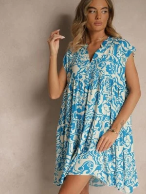 Niebieska Sukienka Oversize z Bawełny z Ornamentnym Wzorem Folazea defox