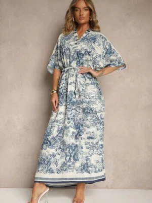 Niebieska Sukienka Oversize z Wiskozą i Abstrakcyjnym Motywem Lunisana j&x