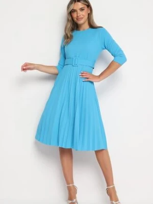 Niebieska Sukienka Plisowana z Paskiem Gonge new collection