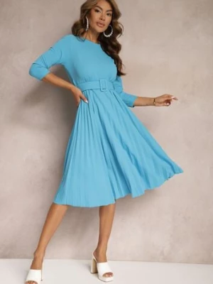 Niebieska Sukienka Plisowana z Paskiem Valfe new collection