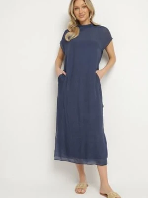 Niebieska Sukienka Pudełkowa Ozdobiona Wiązaniem Napelira rosa