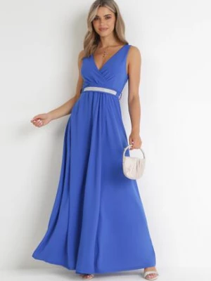 Niebieska Sukienka Rozkloszowana Maxi z Paskiem w Cyrkonie i Wycięciem Neorise