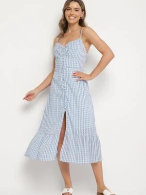 Niebieska Sukienka Rozkloszowana na Ramiączkach z Guzikami z Wiskozą Efrinelle rosa