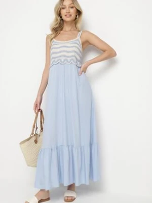 Niebieska Sukienka Rozkloszowana na Ramiączkach z Wiskozy Ozdobiona Haftami Efradea rosa