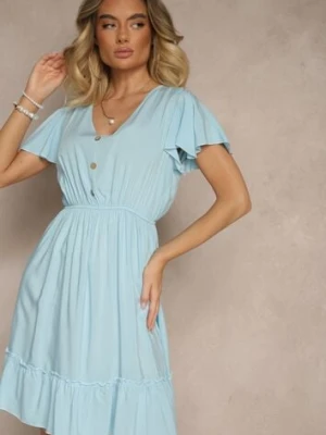 Niebieska Sukienka Rozkloszowana z Bawełny Ozdobiona Falbanami i Guzikami Zoliova defox