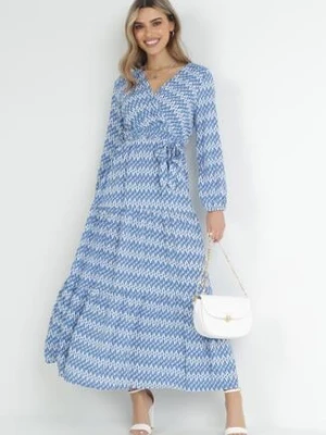 Niebieska Sukienka Rozkloszowana z Gumką w Pasie Mosho rosa