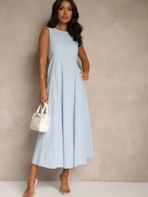 Niebieska Sukienka Rozkloszowana z Wiskozą Bawełną i Rozcięciem na Nogę Saravisse elsa.m by may