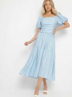 Niebieska Sukienka Rozkloszowana z Wiskozy z Kwadratowym Dekoltem i Drapowaniem Napessia unigirl