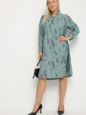 Niebieska Sukienka Szmizjerka z Guzikami przy Dekolcie z Podwijanymi Rękawami Ketella j&x