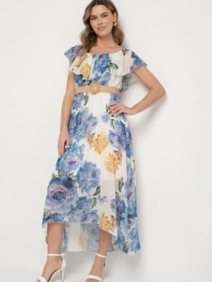 Niebieska Sukienka Typu Hiszpanka w Kwiaty z Paskiem Sademire lovery