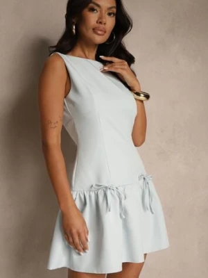 Niebieska Sukienka Vices Drop Waist Bez Rękawów z Kokardkami i Falbanką Follena