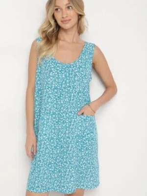 Niebieska Sukienka w Kwiaty o Rozkloszowanym Kroju na Szerokich Ramiączkach Folarelle defox