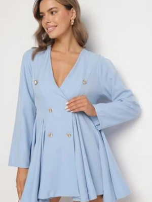 Niebieska Sukienka w Styku Marynarki Rozkloszowana z Guzikami Meliova allyson