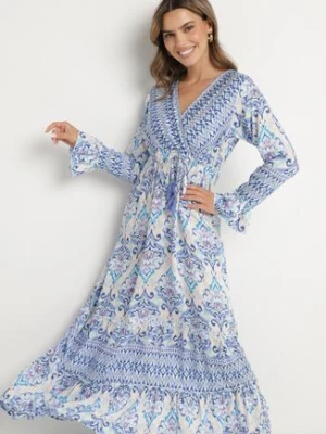 Niebieska Sukienka w Stylu Boho z Kopertowym Dekoltem z Bawełny i Wiskozy Soderia m&d fashion