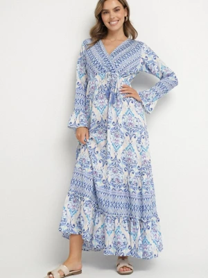 Niebieska Sukienka w Stylu Boho z Kopertowym Dekoltem z Bawełny i Wiskozy Soderia M&d Fashion