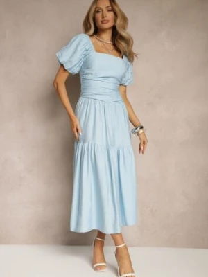 Niebieska Sukienka Wiskozowa Drapowana z Rozkloszowanym Dołem Naprine unigirl