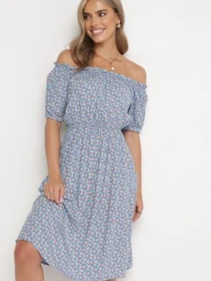 Niebieska Sukienka Wiskozowa z Hiszpańskim Dekoltem i Gumką w Talii Masandrt cflo