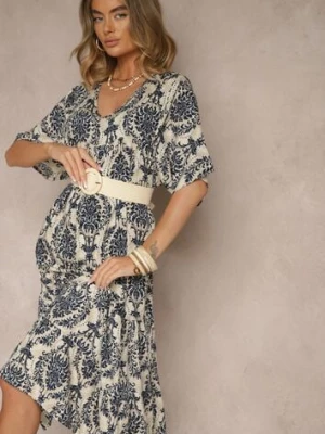 Niebieska Sukienka z Bawełną i Abstrakcyjnym Motywem Filarella j&x