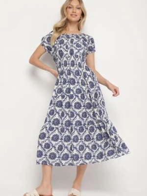 Niebieska Sukienka z Bawełną i Bufiastymi Rękawami Revilee j&x