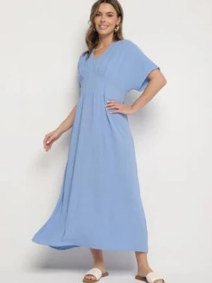 Niebieska Sukienka z Bawełną i Górą w Stylu Nietoperza Filenia j&x