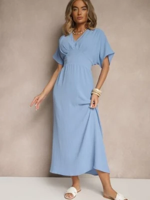 Niebieska Sukienka z Bawełną i Marszczoną Górą Filaviela j&x