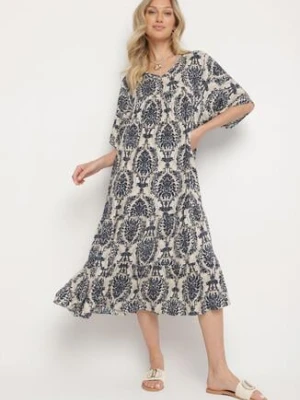 Niebieska Sukienka z Bawełną w Abstrakcyjny Wzór Filindela j&x