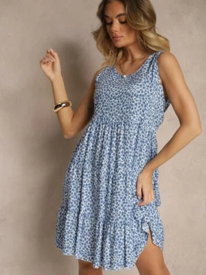 Niebieska Sukienka z Bawełnianej Tkaniny w Nakrapiany Wzór Bez Rękawów Nativoria defox