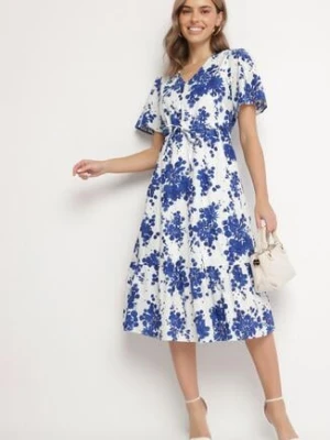 Niebieska Sukienka z Bawełny Ażurowa w Kwiaty z Rozkloszowanym Dołem Florbia rosa