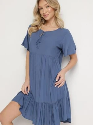 Niebieska Sukienka z Bawełny o Rozkloszowanym Kroju z Wiązaniem przy Dekolcie Mepilea defox