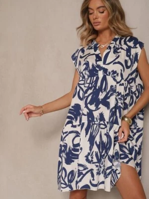 Niebieska Sukienka z Bawełny Ozdobiona Abstrakcyjnym Motywem Lisovia defox