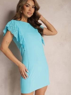 Niebieska Sukienka z Bawełny Wykończona Ażurowym Rękawem Detmolfa metro five