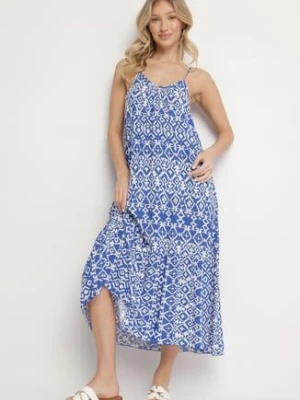 Niebieska Sukienka z Bawełny z Geometrycznym Motywem Koladiela defox