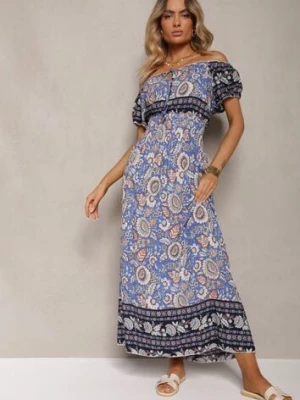 Niebieska Sukienka z Bawełny z Gumką w Pasie i Wiązaniem przy Dekolcie Hiletta generation