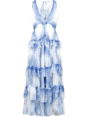 Niebieska Sukienka z Falbankami i Abstrakcyjnym Wzorem Philosophy di Lorenzo Serafini