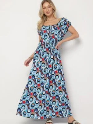 Niebieska Sukienka z Geometrycznym Wzorem i Hiszpańskim Dekoltem Tosile generation