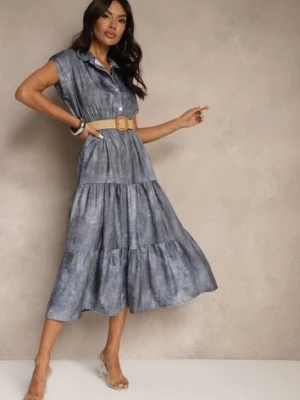 Niebieska Sukienka z Guzikami i Paskiem z Plecionki Fillona pretty