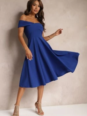 Niebieska Sukienka z Hiszpańskim Dekoltem o Rozkloszowanym Kroju Pelorea