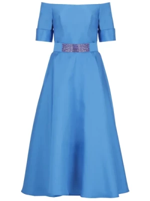 Niebieska Sukienka z Jedwabnej Mieszanki z Dekoltem w Kształcie Łodzi Atelier Legora