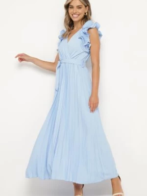 Niebieska Sukienka z Kopertowym Dekoltem i Falbanką z Gumką w Talii i Materiałowym Paskiem Tiamaraya allyson