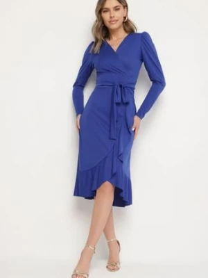 Niebieska Sukienka z Kopertowym Dekoltem i Materiałowym Paskiem Devisia messaya