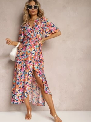 Beżowo-Różowa Sukienka z Kopertowym Dekoltem i Materiałowym Paskiem w Kwiaty Tulpia retro & icone