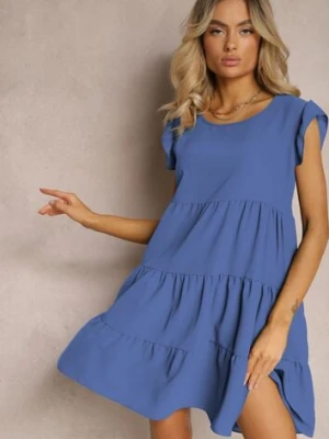 Niebieska Sukienka z Krótkim Rękawem i Ozdobnymi Falbankami o Rozkloszowanym Kroju Vetesa defox