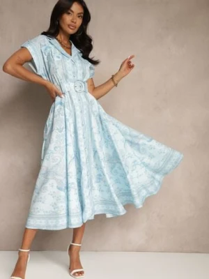 Niebieska Sukienka z Lnu i Wiskozy o Koszulowym Kroju z Paskiem z Klamrą Aluvanna elsa.m by may