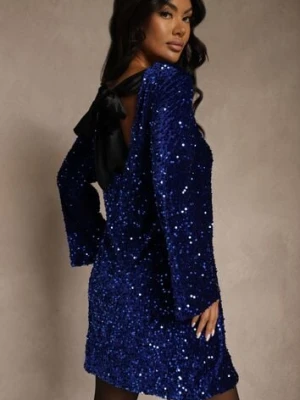 Niebieska Sukienka z Odkrytymi Plecami z Kokardą Zdobiona Cekinami Carilyera linda&co