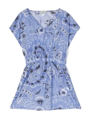 Niebieska Sukienka z Paisley Printem i Dekoltem w Serek Etro