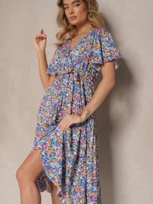 Niebieska Sukienka z Plisami w Kwiecisty Print o Rozkloszowanym Kroju Lanelin defox